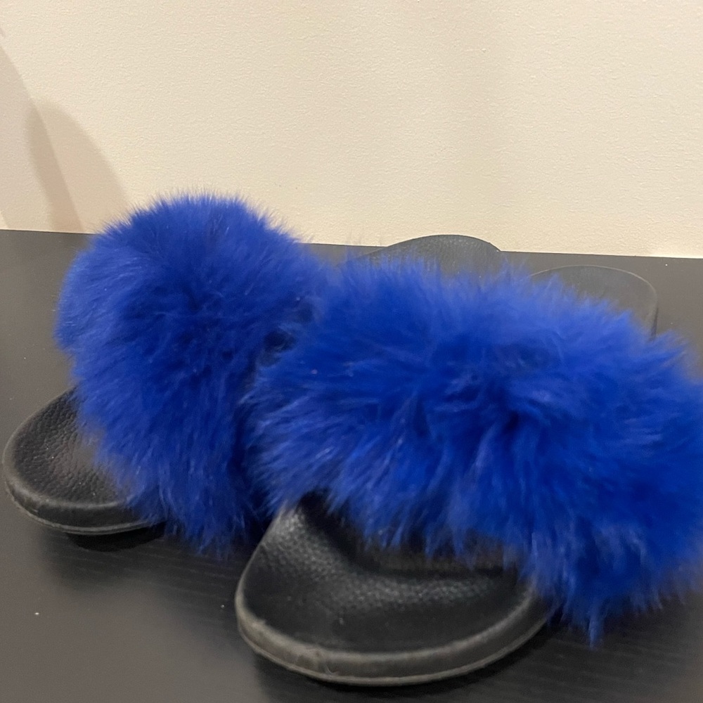 Royal Blue Faux Fur slides